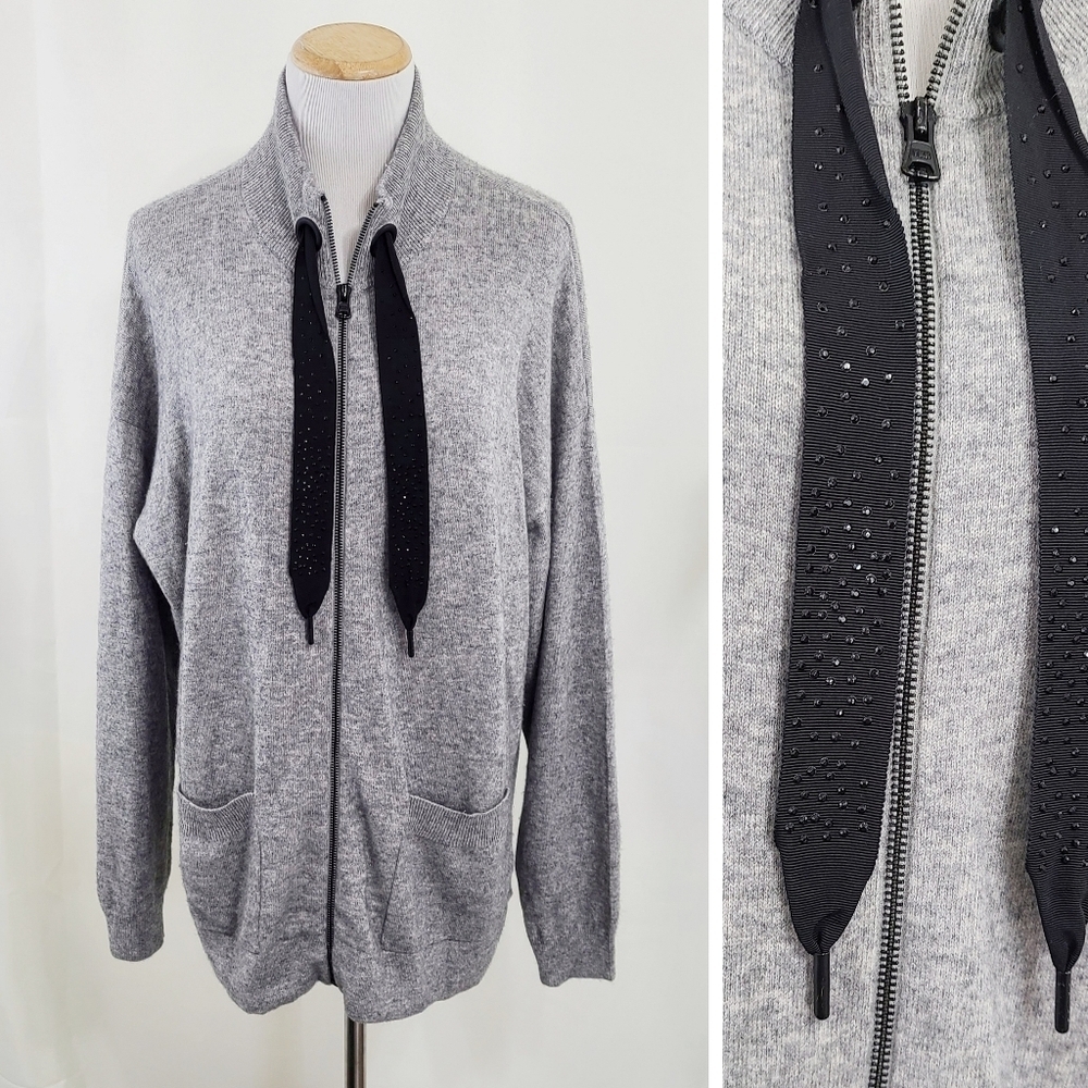 Repeat Cashmere full zip cardigan sweater gray rhinestone studded size large